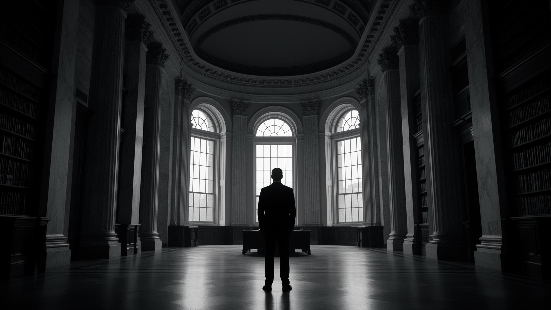 A solitary leader in a classical marble hall — the weight of institutional trust.